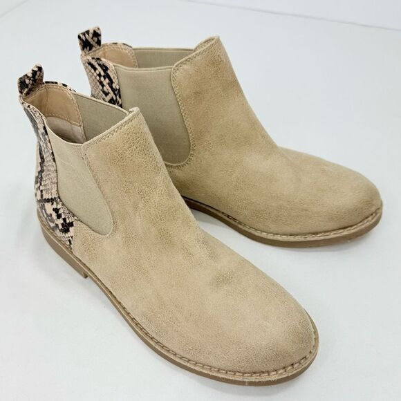 Seven Dials MARISAH Tan Faux Suede Snake Print Back Elastic Pull On Ankle Boots - Picture 5 of 14